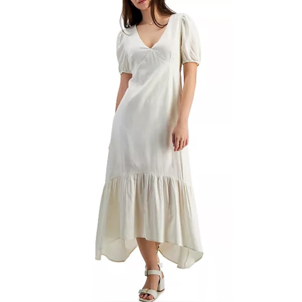 Tinsel Linen Blend V-Neck High-Low Flounce Maxi Dress Cream Coastal Vacation NWT